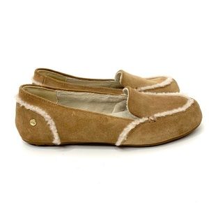 UGG Hailey Sparkle Tan Suede Sheepskin Lined Loafer With White Trim Big Girl 5